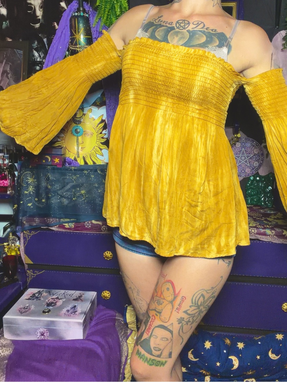 Boho Golden Yellow Open Shoulder Smocked Bell Sleeve Top Small